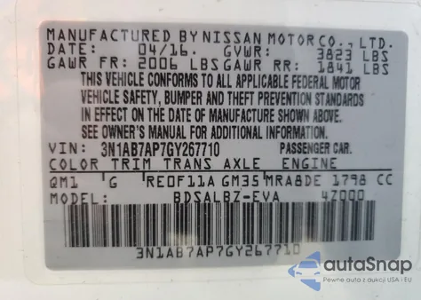 2016 Nissan Sentra S из США, поврежденный, VIN 3N1AB7AP7GY267710